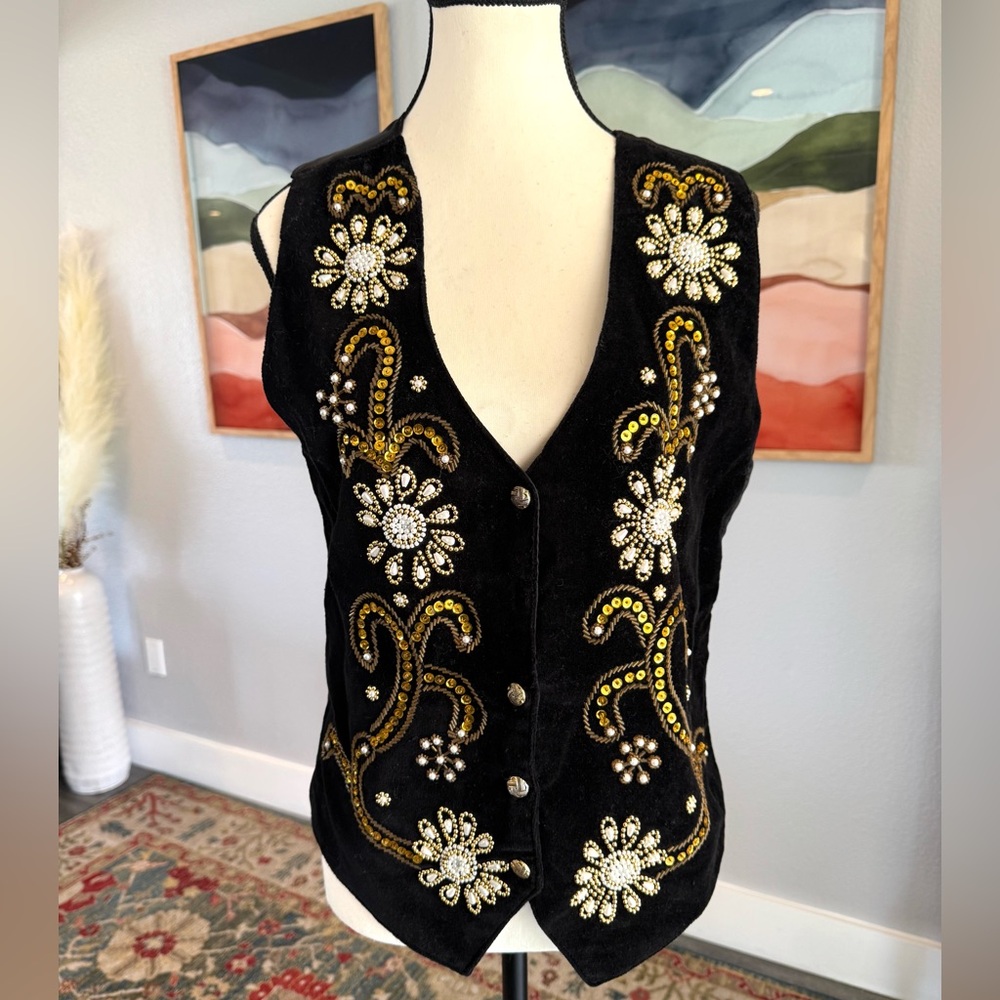 Vintage Embellished Black Velvet Vest with Beaded Floral Design